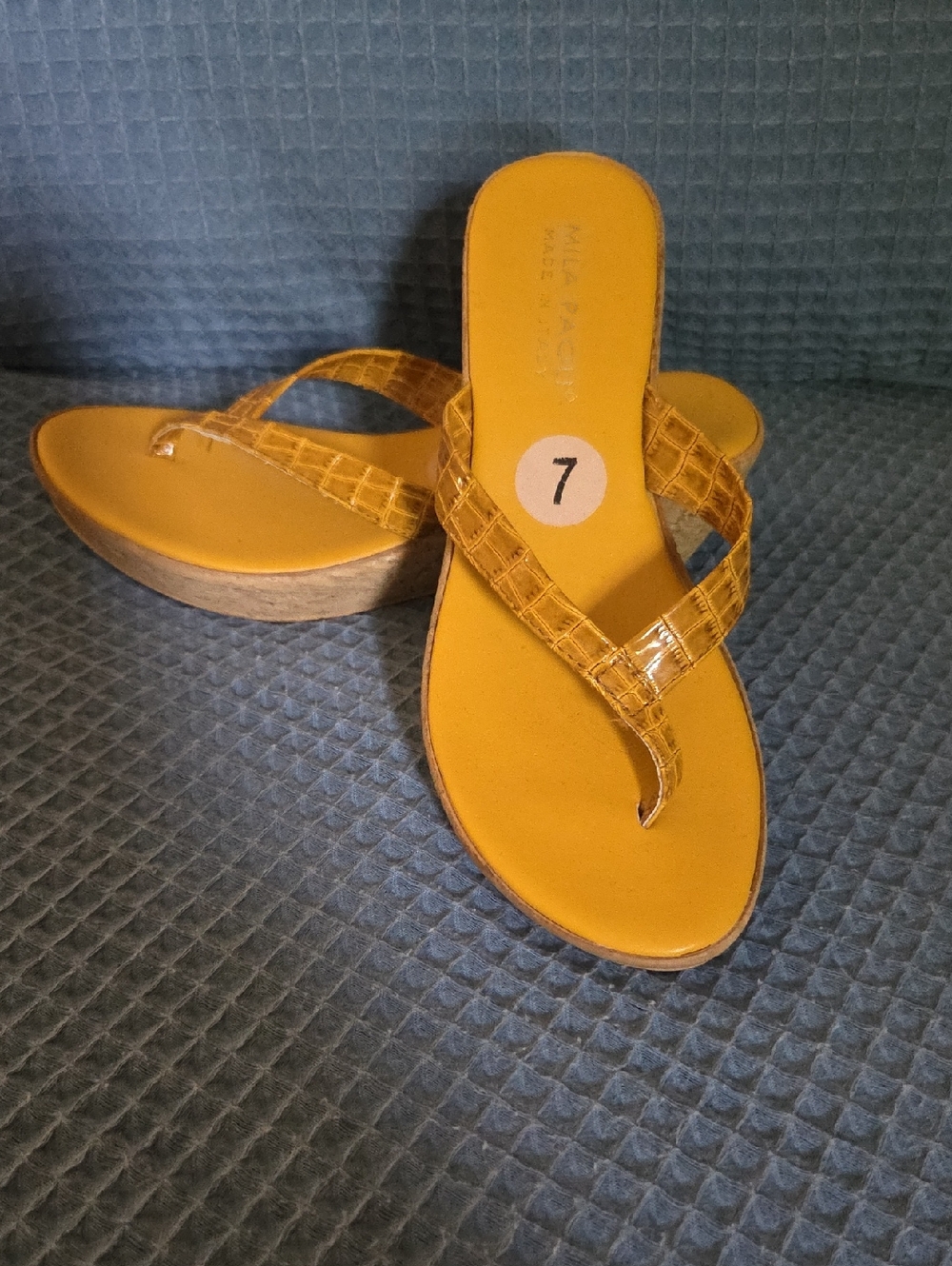 Mila Paoli Mustard Color Wedge Thong Sandals